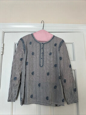 Maison Hotel Striped Button Front Top Blue & White Medium